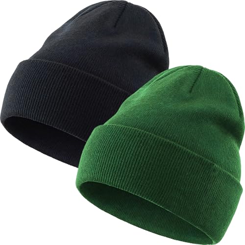 100% Cotton Beanie Hat Winter Hats Women Men Warm Knit Beanies - color: 2pcs-(black + Green)