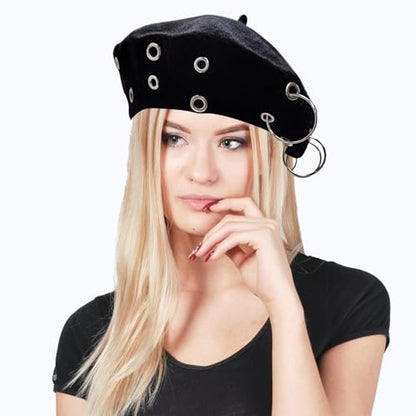 French Beret Hats Punk Iron Ring Beret for Women Fashionable Black