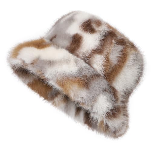 LA CARRIE Women's Fuzzy Wide Brim Faux Fur Bucket Hat Winter Fisherman Cap - color: Gray Brown