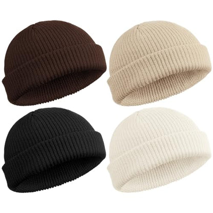 SATINIOR 4 Pieces Trawler Beanie Watch Hat Roll up Edge Skullcap Fisherman Beanie Unisex - color: Black, White, Brown, Beige, size: One Size