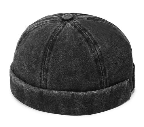 Mens Docker Cap – Brimless Beanie Skull Cap Retro Rolled Cuff Adjustable Cotton - color: Washed Cotton - Black
