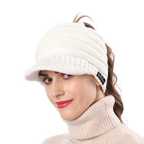 Women's BeanieTail Warm Knit Hat Messy High Bun Ponytail Visor Beanie Cap - color: B324-white, size: Medium