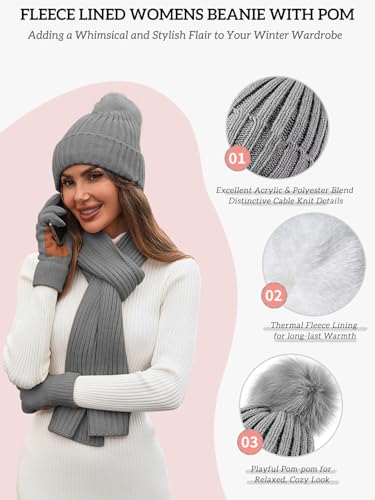 Women's Winter Beanie Hat Scarf Gloves Set,Fleece Lined Knit Pom Hat Long Scarf with Touchscreen Gloves Gifts for Women