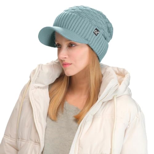 C.C Fuzzy Fleece Lined Warm Oversized Chunky Soft Stretchy Oversized Two Way Ribbed Slouchy Knit Hat with Visor Brim - color: Winter Mint