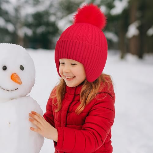 Toddler Earflap Beanie Hat with Rainbow Pom for Little Girls Knitted Beanies Kids Winter Skiing Caps Age 3-8 - color: Red