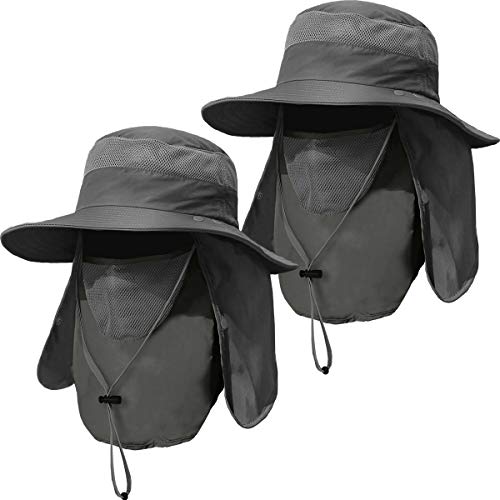 2 Pieces Men's Wide Brim Fishing Hat Outdoor UPF 50+ Sun Protection Removable Face and Neck Flap - color: Dark Grey & Dark Grey