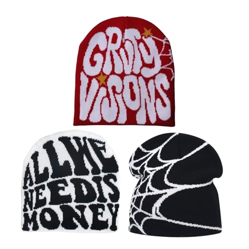 Y2K Beanie for Men Women Cross Graphic Knitted Hat, Slouchy Winter Warm Cap, Grunge Goth Cyber Aesthetics, Black - color: Black-red