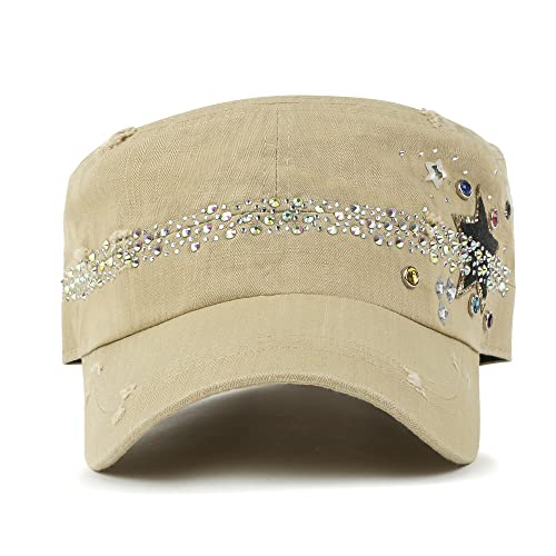ililily Rhinestone Cotton Cadet Cap Vintage Distressed Cotton Military Army Hat - color: Beige_star Lined
