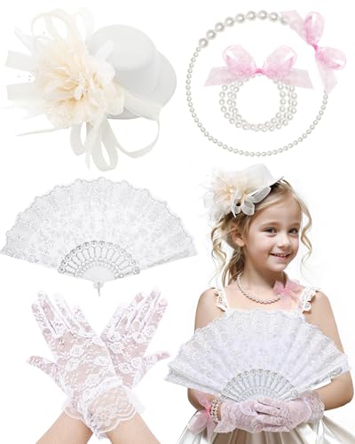Zinniday Girls Tea Party Hats Set - 5 Pcs Mini Top Hat with Pearl Necklace Bracelet Hand Fan and Lace Gloves for Party - color: White