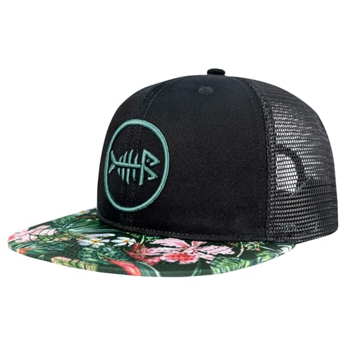 BASSDASH Flat Brim Trucker Cap Adjustable Snapback Hat Mesh Back for Men Women - color: Black/Tropical Flower