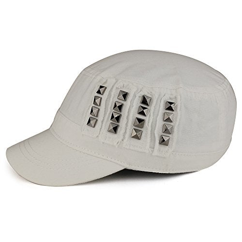 Distressed Flat Top Metallic Studded Frayed Cadet Style Army Cap