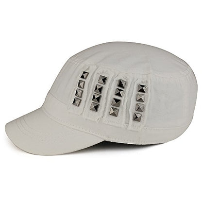Distressed Flat Top Metallic Studded Frayed Cadet Style Army Cap