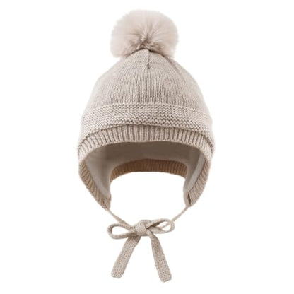 JANGANNSA Basic Winter Baby Boy Beanie Pompom Knit Girl Hat Kid Earflap Cap - color: Oatmeal Hat, size: 6-24 Months