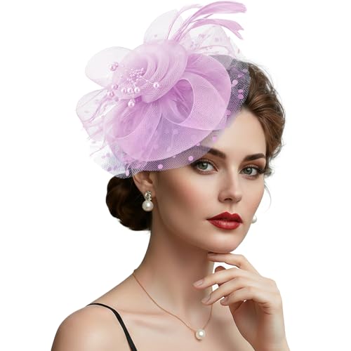DRESHOW Fascinators Hats for Women Tea Party Hat Vintage Derby Pillbox Kentucky Hat Church Cocktail Headwear - color: 1 Pack Flower Feathers: Light Purple