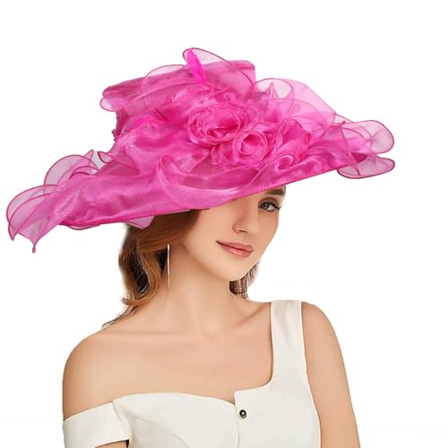 Women Oganza Sun Hat Church Wide Brim Wedding Formal Fascinator Hat - color: Rose