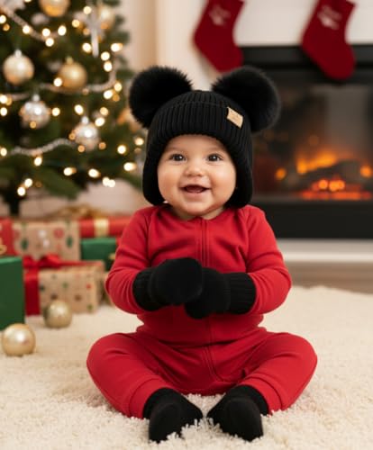 Funky Junque Baby Double Faux Fur Pom Pom Beanie & Mittens Set – Newborn Infant 0–9 Months Winter Hat with Soft Lined Mittens - color: Ear Flap Black W/ Black Mittens (0-9 Months)