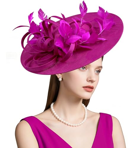 dressfan Fascinator Hats for Women,Linen Vintage Feather Headwear for Derby/Church/Wedding/Cocktail/Tea Party - color: Fushia
