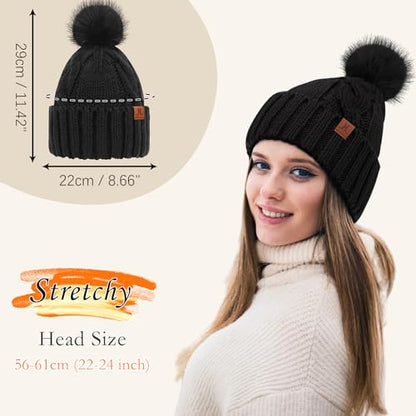 FZ FANTASTIC ZONE Womens Pom Pom Winter Warm Beanie Hat Cap Fleece Lined - color: Black