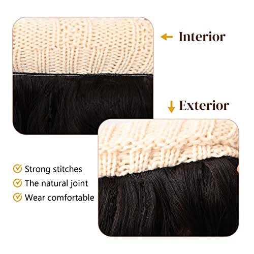 Flufymooz Beanie Wig, Hat Hair Extension Long Wavy Curly Black Hat Wig with Faux Fur Pom, Attached 20 Inch Synthetic Hairpiece for Women Girls Winter （Cool Platinum Blonde - color: Black Hat-cool Blonde, size: 20 Inch