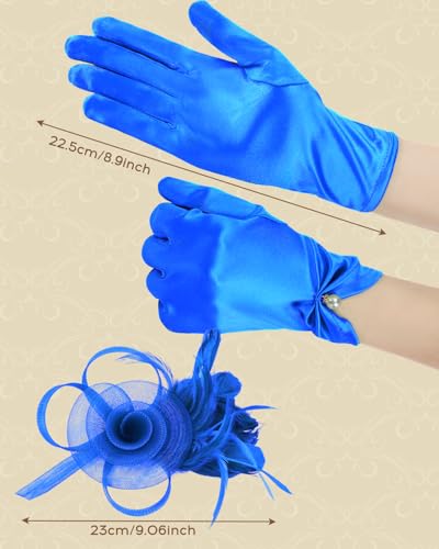 2Pcs 50s Fascinators Hats for Women Wedding Cocktail Flower Mesh Ribbons Feathers Church Tea Party Hats and Lace Glove - color: Blue