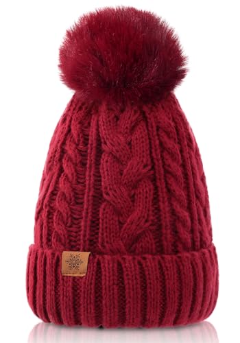 Winter Hats for Women - Fleece Lined Beanie for Women, Warm Winter Hat with Faux Fur Pom - color: Red
