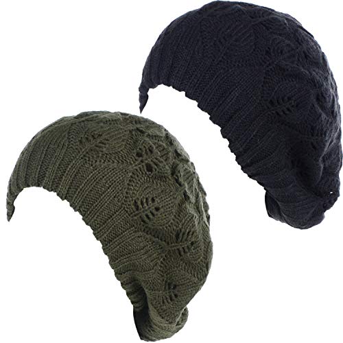 BYOS Women Mid-Weight Slouchy Leafy Cutout Crochet Soft Knit French Beret Hat - color: 2-pack-olive & Bk