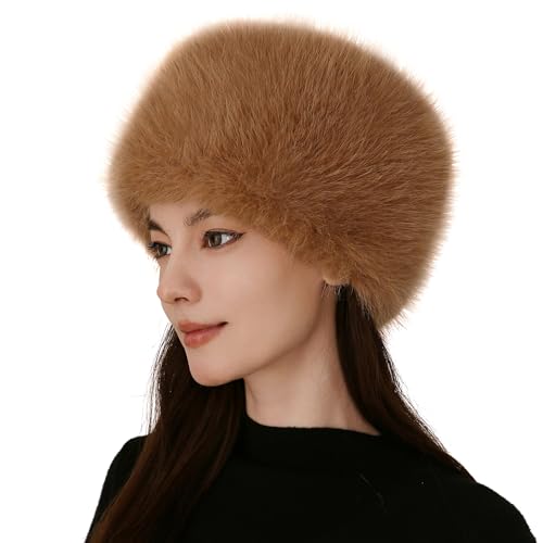 Women's Winter Faux Fur Cossack Russian Style Hat, Soft Stretch Warm Cap - color: Brown