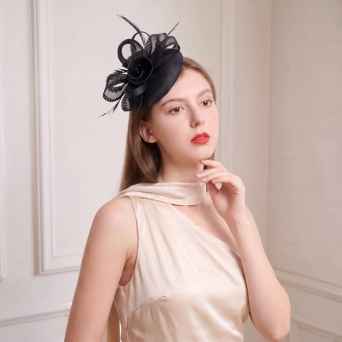 Flower Fascinator Hat Headband Clip for Women Tea Party - color: Black-02