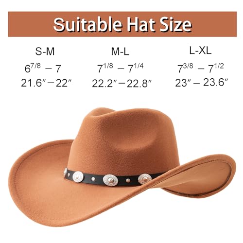 Lanzom Women Men Felt Wide Brim Western Cowboy Hats Belt Buckle Panama Hat - color: Khaki, size: Medium-Large