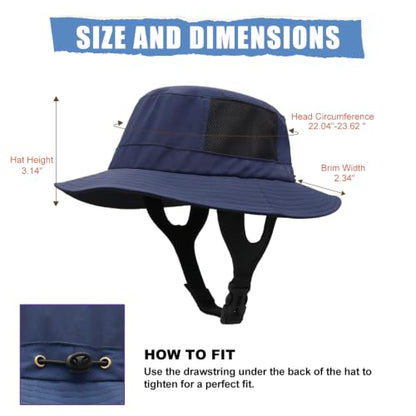 Surblue Surf Bucket Hat with Widened Chin Straps UPF 50+ Windproof Sun Hat Adjustable Packable Cap for Water Sports Surfing - color: Navy