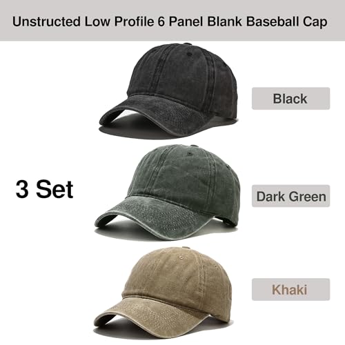 Baseball Cap 3 Pack, Vintage Distressed Cotton Dad Hats for Women Men - color: Black, Dark Green, Khaki