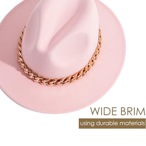 Men & Women Wide Brim Fedora Hat with Chain Buckle - color: Chain Belt-pink