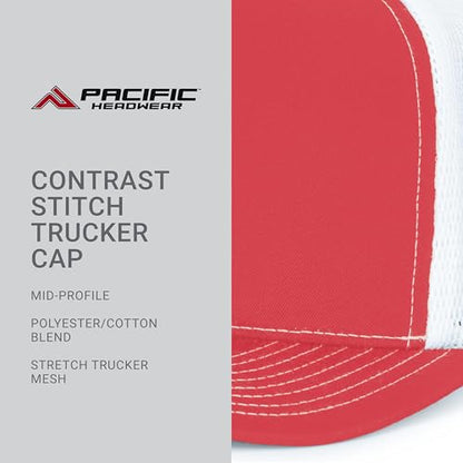 Pacific Headwear Contrast Stitch Trucker Pacflex Snapback Cap - color: Red/White/Red