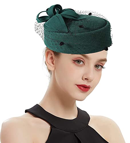 ORIDOOR Women's British Style Pillbox Church Derby Wedding Winter Vintage Fascinator Beret 100% Wool Felt Veil Hat - color: 05a-green
