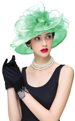 Organza Fascinator Hat - Women’s Wide Brim Church Bridal Tea Party Wedding Hat - color: 01a-grass Green