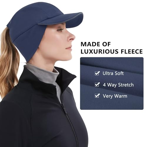 GADIEMKENSD Women's Winter Reflective Fleece Ponytail Hat with Drop Down Ear Warmer - color: Navy, size: 7-7 1/8