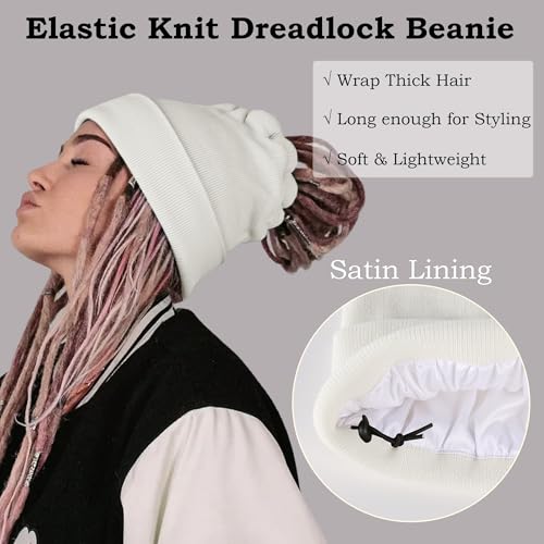 Ababalaya Unisex Satin Lined Knit Open Beanies Rasta Beanie - color: White