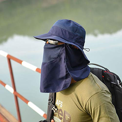 Fishing Hat for Men & Women, Sun Protection Hat with Face Cover & Neck Flap - color: Dark Blue