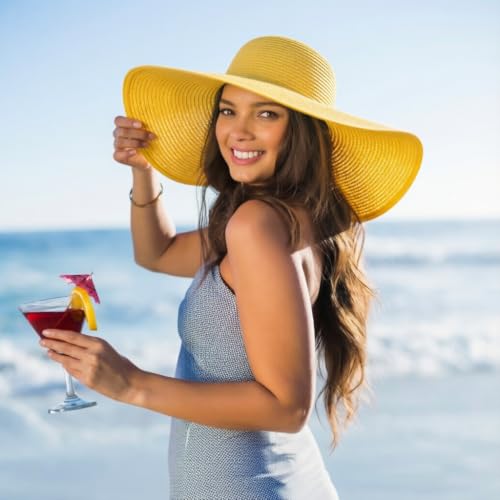 DRESHOW Big Straw Sun Hats for Women Floppy Foldable Roll up Beach Cap Sun Hat UPF 50+ Vacation Honeymoon Embroidered Hat - color: Medium Size: Yellow / Brim 5.5" (Head Circumference 22-22.8")