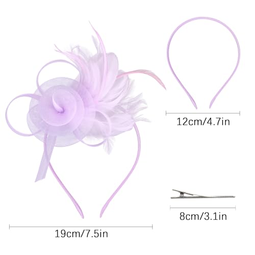 AMCAMI Fascinators Hats with Feather for Women 2026 Derby Hats Small Tea Party Hat with Headband - color: Light Purple