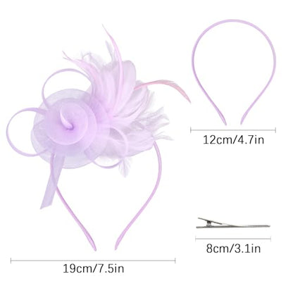 AMCAMI Fascinators Hats with Feather for Women 2026 Derby Hats Small Tea Party Hat with Headband - color: Light Purple