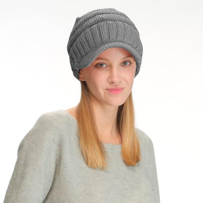 C.C Trendy Warm Oversized Chunky Soft Oversized Ribbed Slouchy Knit Hat with Visor Brim - color: Light Melange Grey