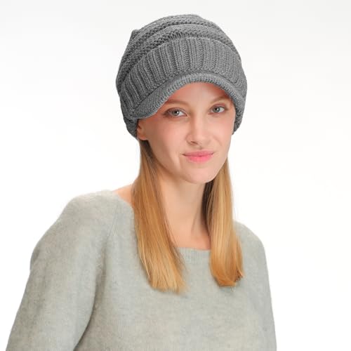 C.C Trendy Warm Oversized Chunky Soft Oversized Ribbed Slouchy Knit Hat with Visor Brim - color: Light Melange Grey