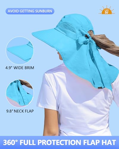 Womens Sun Hat Outdoor UV Protection Wide Brim Fishing Hat with Ponytail Hole Neck Flap for Beach Hiking Camping - color: Sun Hat-sky Blue