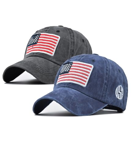 2-Pack USA Flag Hats for Men Baseball American Flag Hats for Men USA Cap USA Tactical Washed for Women - color: Black+nany