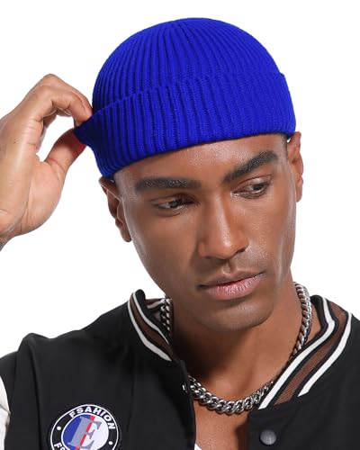 Short Fisherman Beanie for Men Women Wool Knit Cuff Winter Hats - color: 1pcs-blue