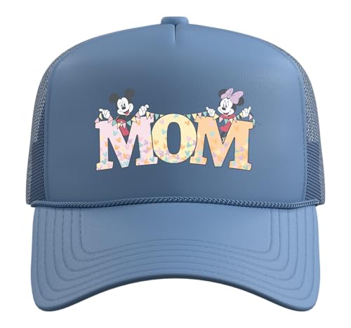 Disney Mom Mickey & Minnie Pastel Letters Family Disney Trip Trucker Hat with Adjustable Mesh Back - color: Light Blue