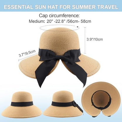 DRESHOW Sun Hats for Women Travel Fedora Foldable Beach Sun Hat Summer Wide Brim Straw Bucket Hat with Bowknot UPF 50+ - color: 1 Pack Bowknot Straw Hat: Khaki