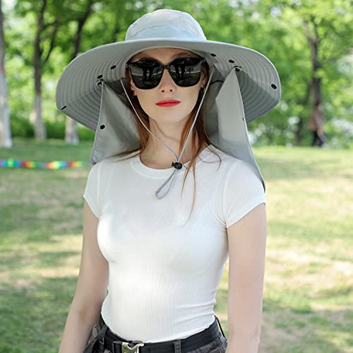 Women Wide Brim Face Mask Sun Hat Detachable Neck Face Flap Ponytail UV Protection Visor Hat Garden Fishing Hiking - color: Hyp008-lightgray
