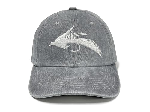 Fishing Baseball Cap for Men Women, Adjustable Embroidered Fish Hat - color: Fly Fishing Lures (Washed Grey)